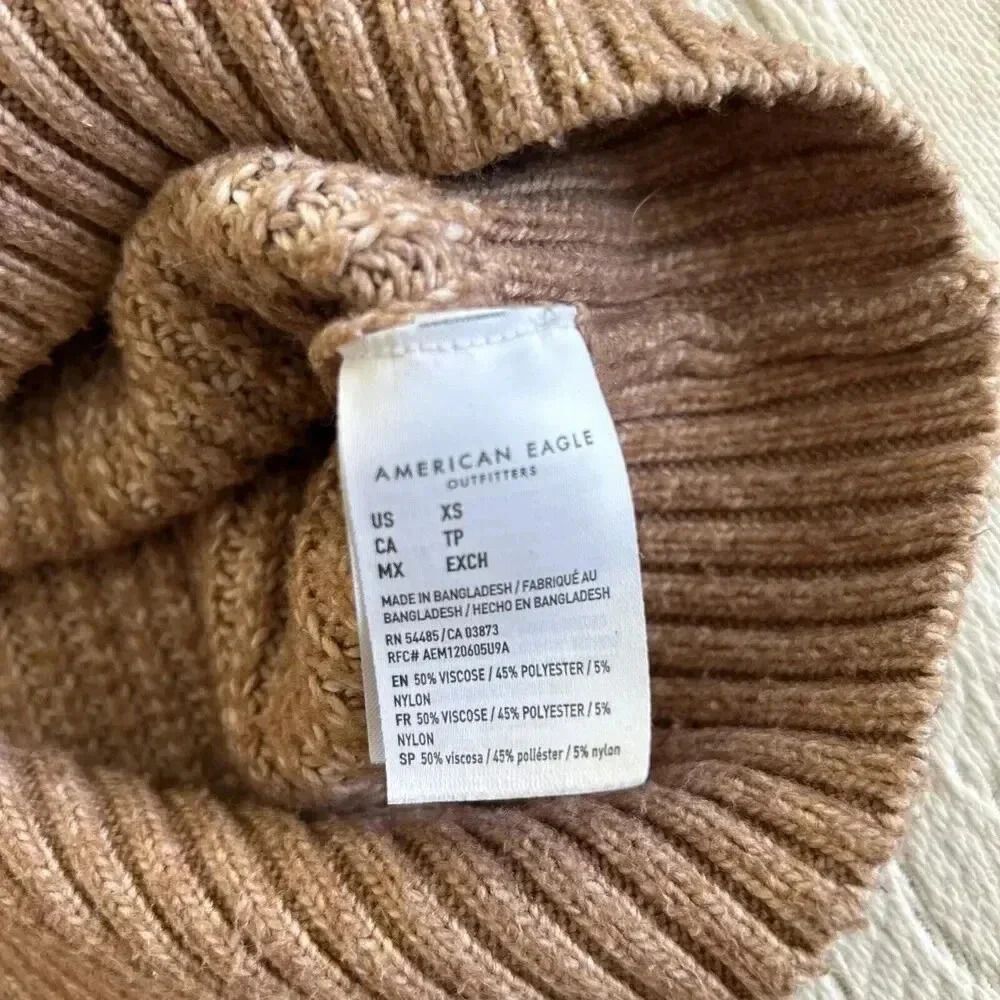 American Eagle Colorblock Turtleneck Ribbed Knit Oversized Sweater Tan Beige XS - Picture 11 of 12